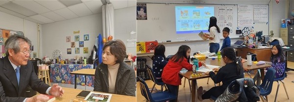 미국 워싱턴통합한국학교 한연성 교장(왼쪽)을 만나 한국학교 애로사항을 듣고 우리 동포 학생들에게 교육을 하고 있는 현장도 살펴본 필자
