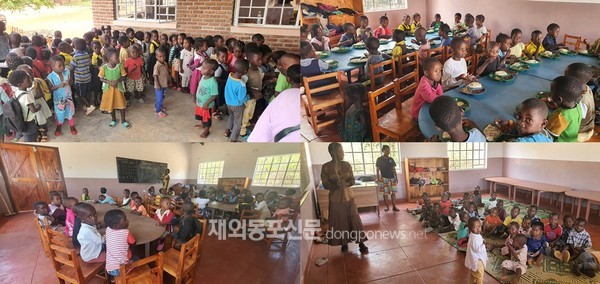 정종완 판아시아 회장이 건립해 기증한 시취 유치원 어린이들의 급식시간과 수업 모습